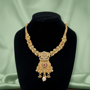 Royal Antique Gold-Plated Temple Necklace with Ruby Stones & Stunning Pearl Drop Pendant