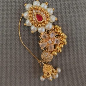 Bridal Maharashtrian Nath | Traditional Pearl & Red Stone Nose Ring | Gold Plated Imitation Jewellery