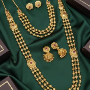 Micro Gold Imitation Daily Wear Brass Jewellery Combo | 30 Inch Long & 18 Inch Short Necklace with Jhumka & Tops – ₹799