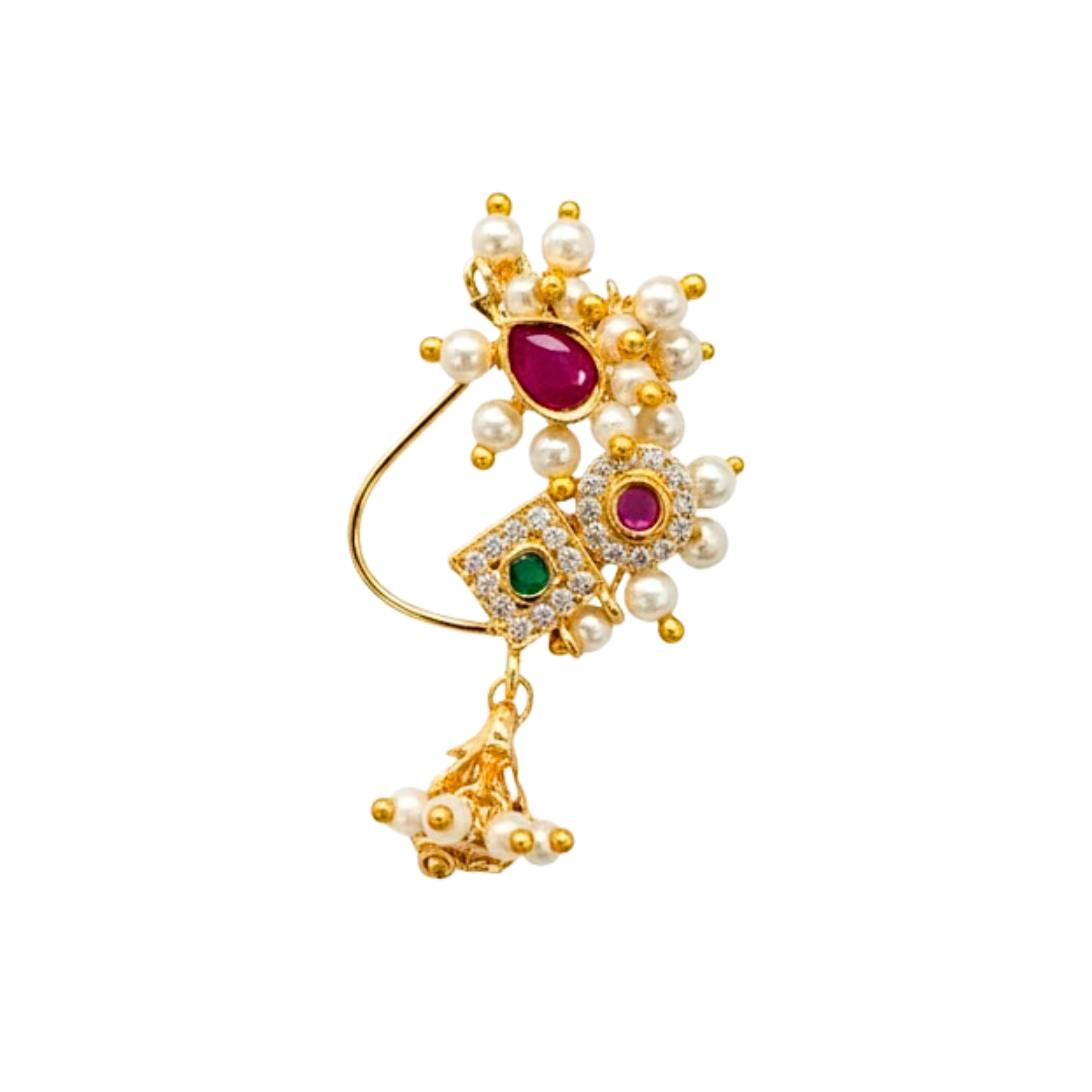 Traditional Maharashtrian Pearl Nath With Ruby Emerald Stone Bridal 