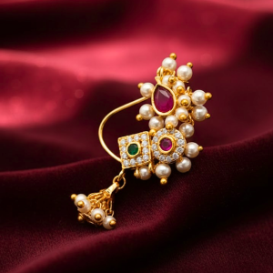 Elegant Diamond Pearl Nath with Ruby & Emerald Stones – Traditional Maharashtrian Nose Ring