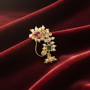 Royal Diamond Pearl Nath with Ruby & Emerald Stones – Traditional Maharashtrian Nose Ring