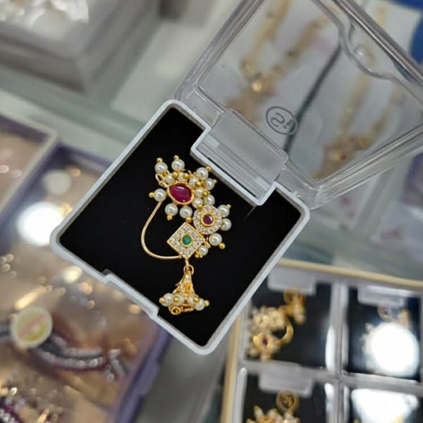 Royal-Gold-Finish-Pearl-Nath-with-Ruby-Emerald-–-Wedding-Nose-Ring