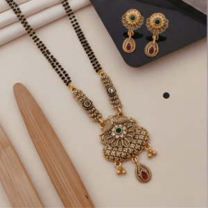 Traditional Maharashtrian Imitation Black Beads Necklace Set with Antique Gold Pendant & Earrings