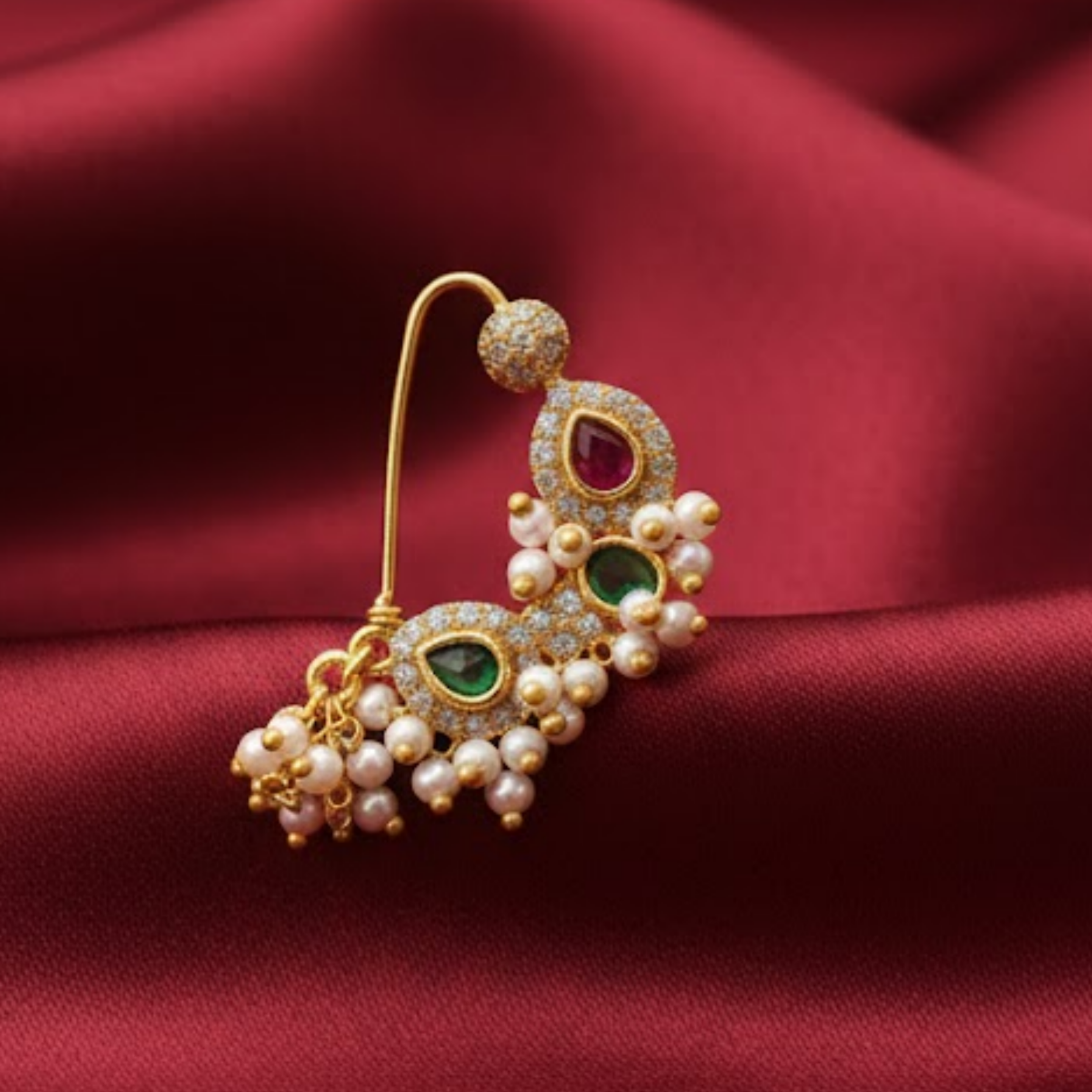 Traditional Maharashtrian Nath With Pearl Green Pink Stone Bridal 