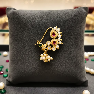 Traditional Pearl Nath with Green & Pink Stone and Jhumka Hanging Offer Price