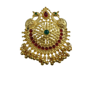 Traditional Temple Pendant with Red and Green Stones Gold Plated Jewelry