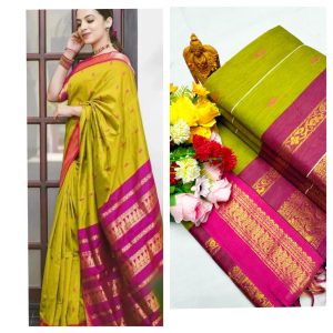 Premium Kalyani Cotton Gadwal Paithani Saree – Soft Cotton, Zari Pallu, Contrast Blouse (Green & Pink)