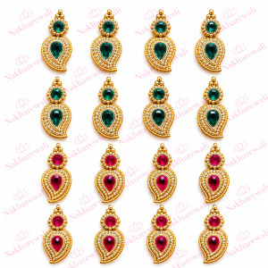 Gold plated mango shape kundan pendant in green and ruby pink for jewellery making